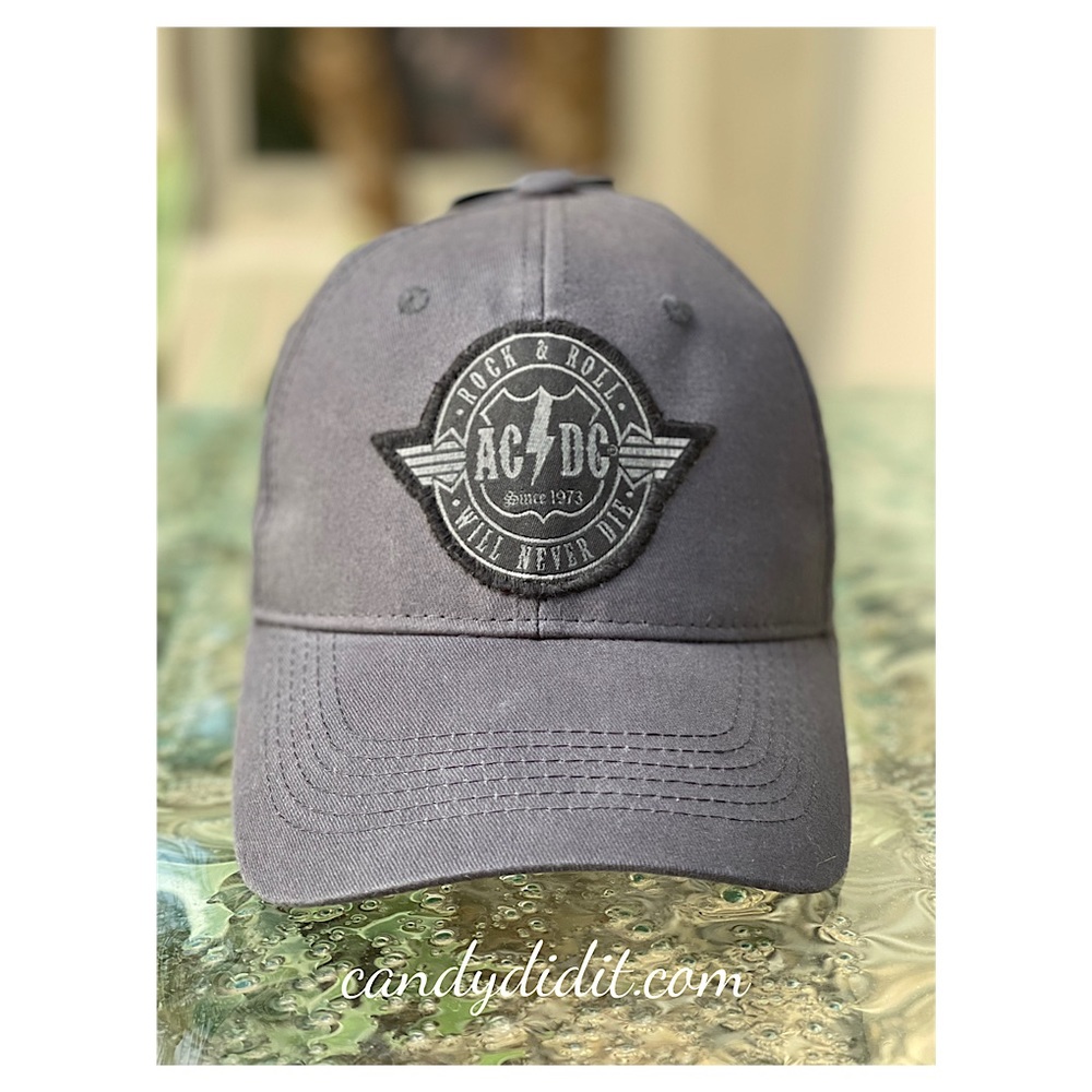 NWT Candy Did It! Handmade AC/DC Rock & Roll Will Never Die Gray Baseball Cap